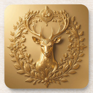 Luxury Deer Gold Crest Emblem Ornate Nature Badge Coaster