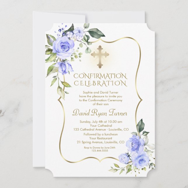 Luxury Delicate Blue Flowers Boy Confirmation Invitation (Front)