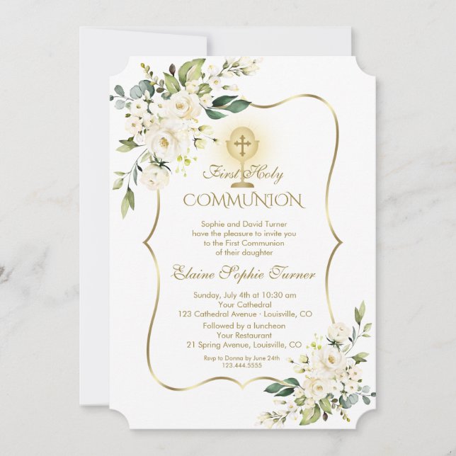 Luxury Delicate White Floral Gold Holy Communion Invitation (Front)