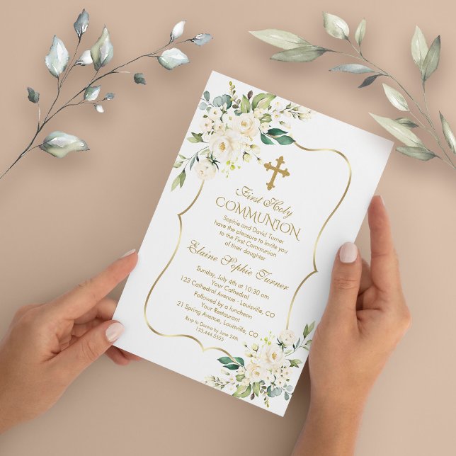Luxury Delicate White Flowers First Holy Communion Invitation (Creator Uploaded)