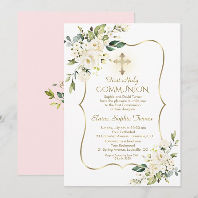 Luxury Delicate White Flowers Pink Holy Communion Invitation (Front/Back)