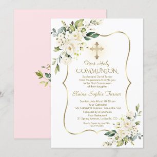 Luxury Delicate White Flowers Pink Holy Communion Invitation