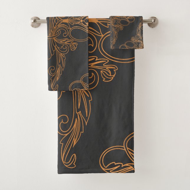 Luxury design, floral pattern, dark grey, copper bath towel set (Insitu)