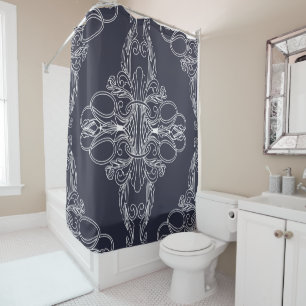 Luxury design, floral pattern, navy blue, white shower curtain