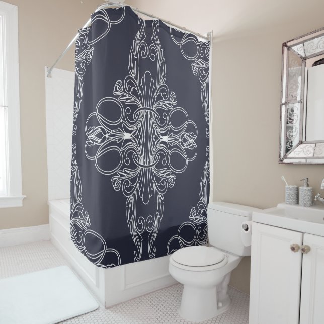 Luxury design, floral pattern, navy blue, white shower curtain (In Situ)