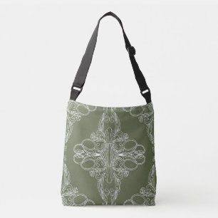 Luxury design, floral pattern, olive green, white crossbody bag