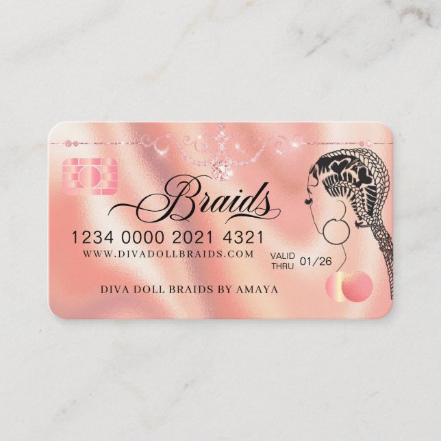 Luxury Diamond Foil Hair Braiding Credit Style Bus Business Card (Front)