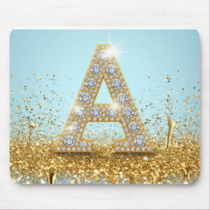 Luxury Diamond Letter A on Gold Glitter Background Mouse Mat