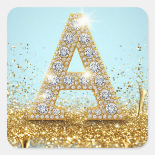 Luxury Diamond Letter A on Gold Glitter Background Square Sticker