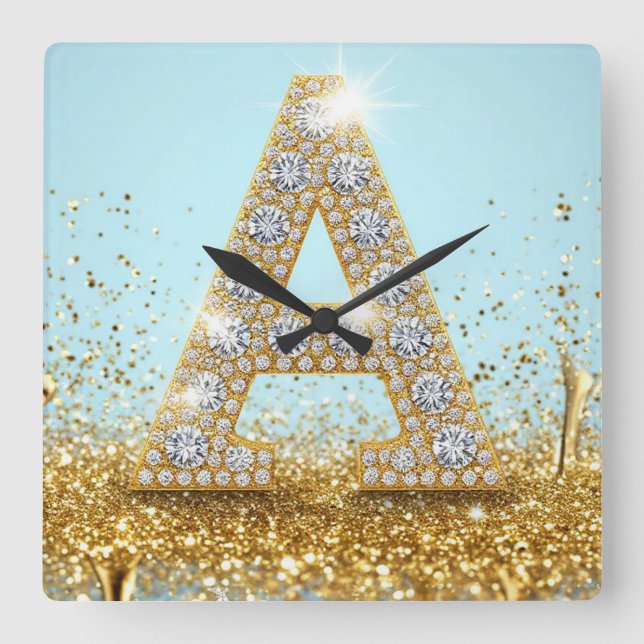 Luxury Diamond Letter A on Gold Glitter Background Square Wall Clock (Front)