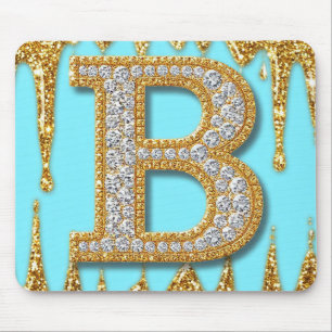 Luxury Diamond Letter B on Gold Glitter Background Mouse Mat