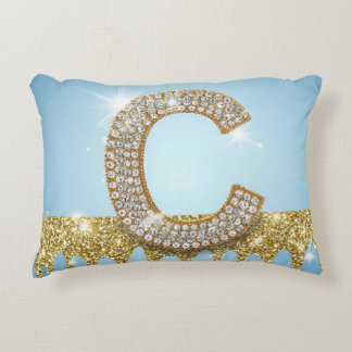 Luxury Diamond Letter C on Gold Glitter Background Decorative Cushion
