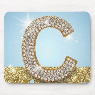 Luxury Diamond Letter C on Gold Glitter Background Mouse Mat