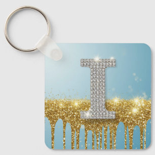 Luxury Diamond Letter I on Gold Glitter Background Key Ring