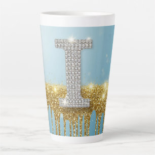 Luxury Diamond Letter I on Gold Glitter Background Latte Mug