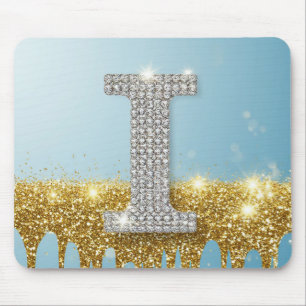 Luxury Diamond Letter I on Gold Glitter Background Mouse Mat