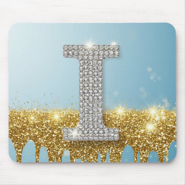 Luxury Diamond Letter I on Gold Glitter Background Mouse Mat (Front)