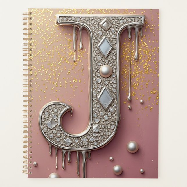 Luxury Diamond Letter J Monogram With Gold Drips Planner (Front)