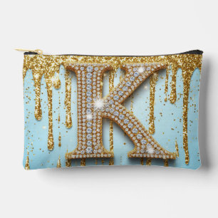 Luxury Diamond Letter K on Gold Glitter Background Accessory Pouch