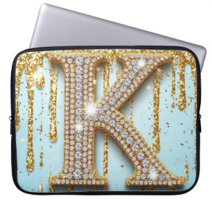 Luxury Diamond Letter K on Gold Glitter Background Laptop Sleeve