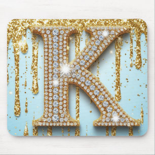 Luxury Diamond Letter K on Gold Glitter Background Mouse Mat