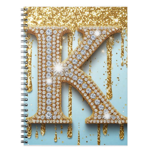 Luxury Diamond Letter K on Gold Glitter Background Notebook (Front)