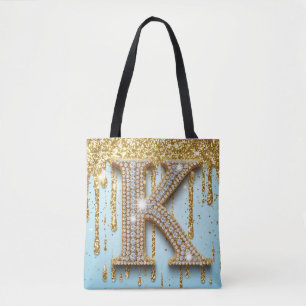Luxury Diamond Letter K on Gold Glitter Background Tote Bag