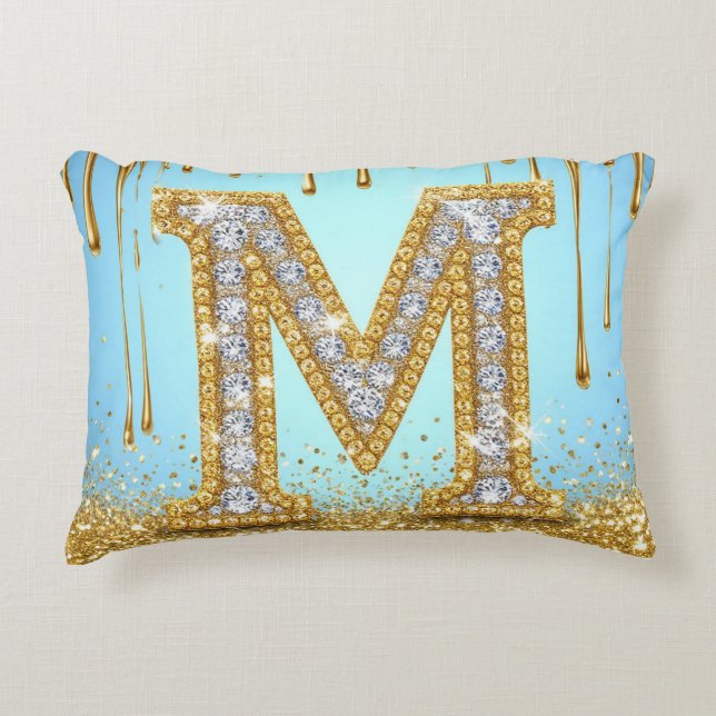 Luxury Diamond Letter M on Gold Glitter Background Decorative Cushion (Front)