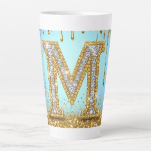 Luxury Diamond Letter M on Gold Glitter Background Latte Mug