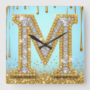 Luxury Diamond Letter M on Gold Glitter Background Square Wall Clock