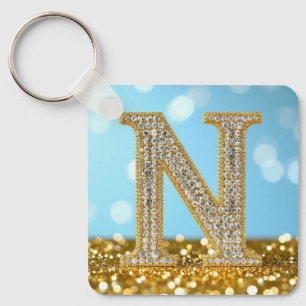 Luxury Diamond Letter N on Gold Glitter Background Key Ring