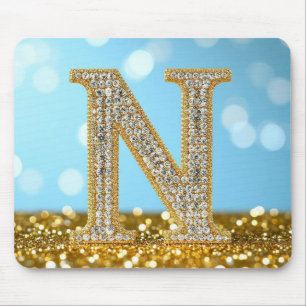 Luxury Diamond Letter N on Gold Glitter Background Mouse Mat
