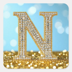 Luxury Diamond Letter N on Gold Glitter Background Square Sticker