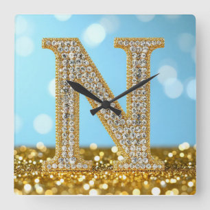 Luxury Diamond Letter N on Gold Glitter Background Square Wall Clock