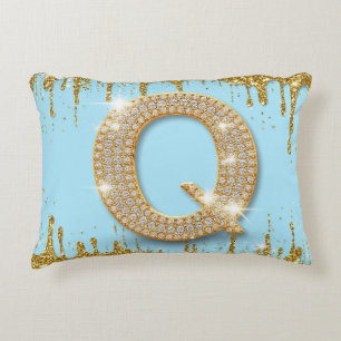 Luxury Diamond Letter Q on Gold Glitter Background Decorative Cushion