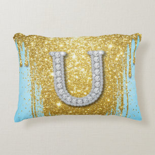 Luxury Diamond Letter U on Gold Glitter Background Decorative Cushion