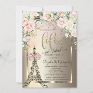 Luxury Diamonds Eiffel Tower,Pink Bow Roses 50th  Invitation