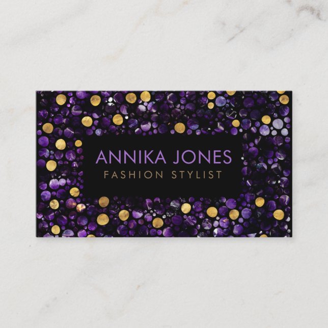 Luxury  Dot Art Amethyst and Gold Business Card (Front)