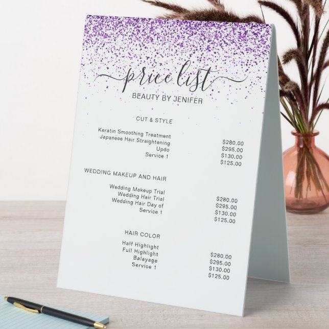 Luxury drips glitter purple Salon Table Tent Sign (In SItu (Table))