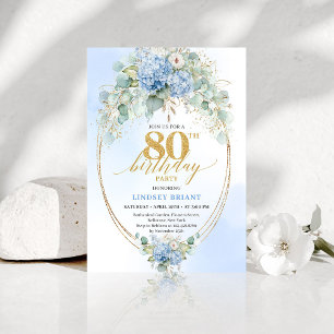 Luxury Dusty Blue Floral Gold 80th Birthday Invite