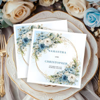 Luxury Dusty Blue Floral Gold Wedding Napkins