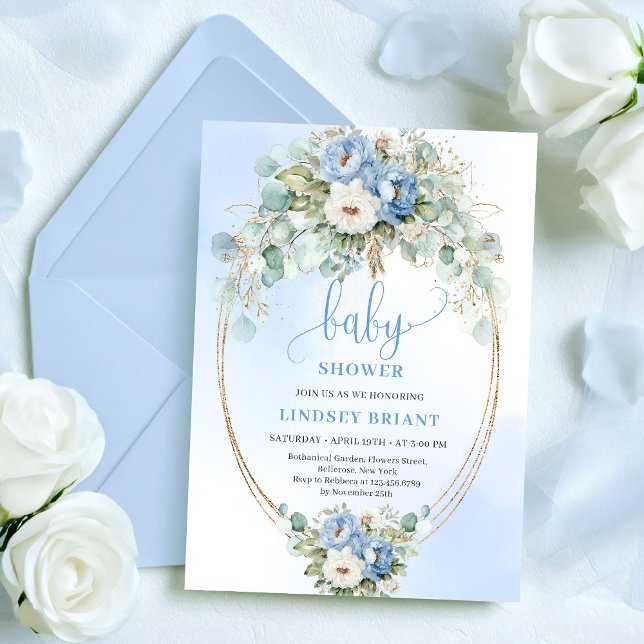 Luxury Dusty Blue Flowers Eucalyptus Gold Baby  Invitation (Luxury Dusty Blue Flowers Eucalyptus Gold Baby Shower)
