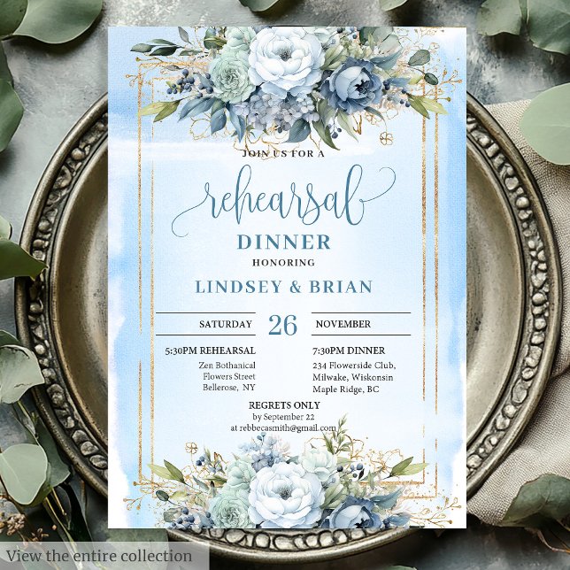 Luxury Dusty Blue Gold Frame Rehearsal Invitation (Luxury Dusty Blue Gold Frame Rehearsal Invitation)