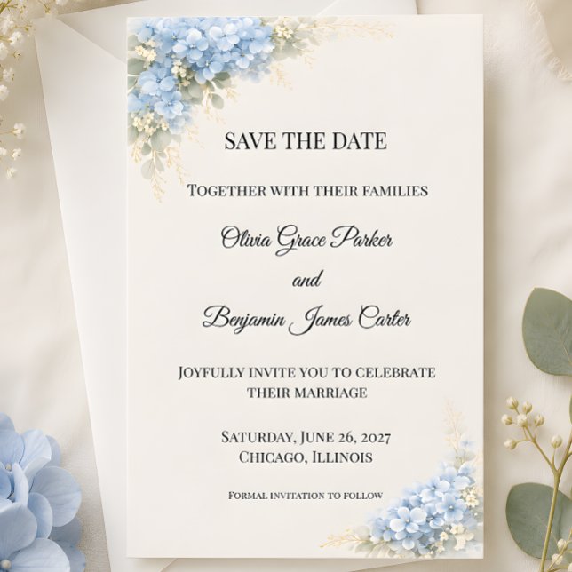 Luxury Dusty Blue Hydrangea Save The Date (Part of the luxury dusty blue hydrangea wedding collection, save the date)