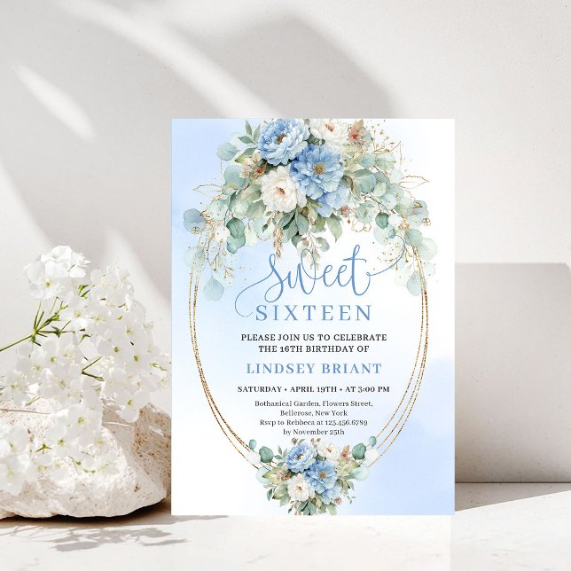 Luxury Dusty Blue Peonies Gold Sweet Sixteen Party Invitation (Luxury Dusty Blue Peonies Sweet Sixteen Party Invite)