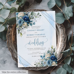 Luxury Dusty Blue Silver Floral Wedding Invitation