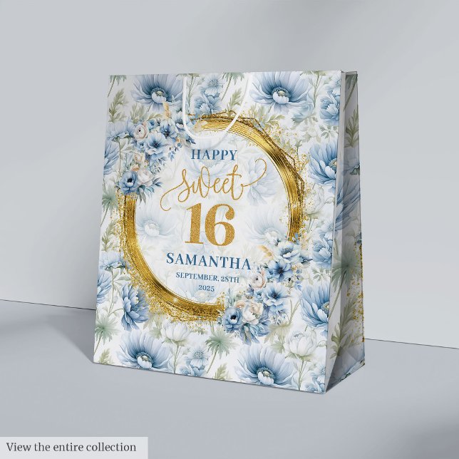 Luxury Dusty Blue Sweet 16 Gold Glitter Gift Bag (Luxury Dusty Blue Sweet 16 Gold Glitter Gift Bag)