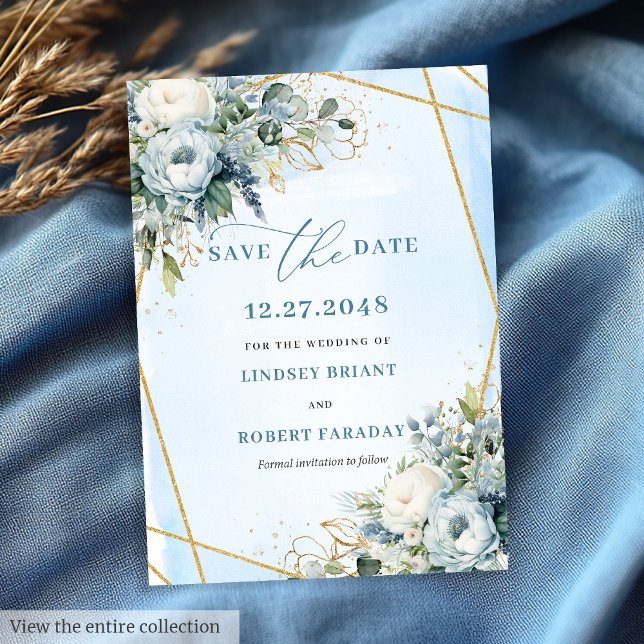Luxury Dusty Blue White Gold Peonies Save The Date Invitation (Luxurious Pastel Blue White Gold Flowers Save The Date)