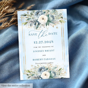 Luxury Dusty Blue White Gold Peonies Save The Date Invitation