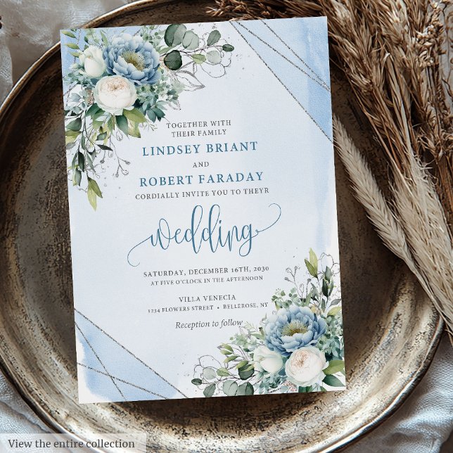 Luxury Dusty Blue White Silver Flowers Wedding   Invitation (Luxury Dusty Blue White Silver Flowers Wedding Invitation)